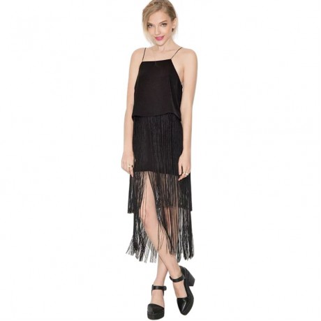 STYLISH SPAGHETTI STRAP PURE COLOR TANK TOP   ELASTIC WAIST FRINGED SKIRT WOMEN'S TWINSET