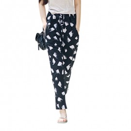 CASUAL ELASTIC WAIST PRINTED ZIPPERED CHIFFON WOMEN'S PANTS