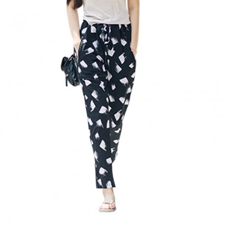 CASUAL ELASTIC WAIST PRINTED ZIPPERED CHIFFON WOMEN'S PANTS