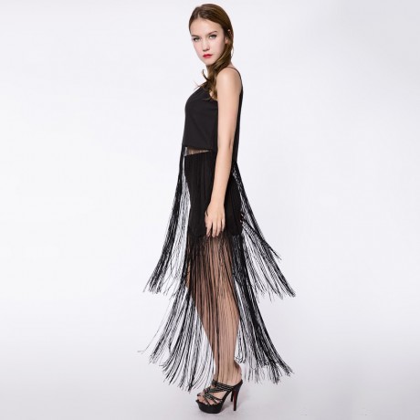 STYLISH SPAGHETTI STRAP PURE COLOR TANK TOP   ELASTIC WAIST FRINGED SKIRT WOMEN'S TWINSET