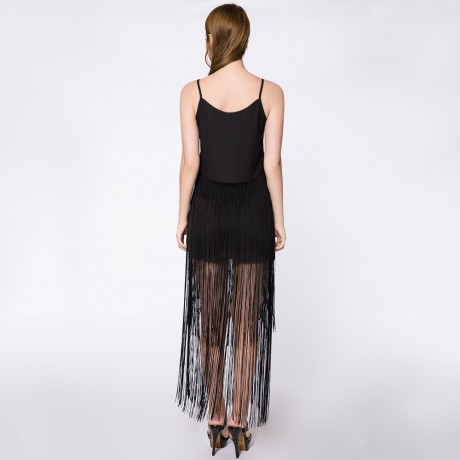 STYLISH SPAGHETTI STRAP PURE COLOR TANK TOP   ELASTIC WAIST FRINGED SKIRT WOMEN'S TWINSET