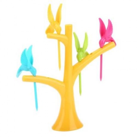 FASHION DESIGN CREATIVE BIRD 6PCS PLASTIC SAFETY FRUIT DESSERT SALAD FORKS (YELLOW)