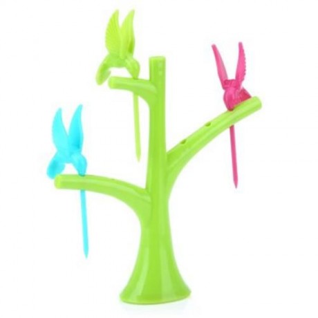 FASHION DESIGN CREATIVE BIRD 6PCS PLASTIC SAFETY FRUIT DESSERT SALAD FORKS (GREEN)