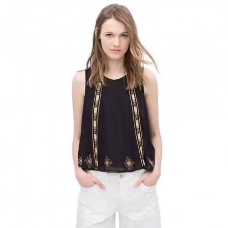RETRO STYLE SCOOP COLLAR EMBRIODERY CHIFFON WOMEN'S TANK TOP