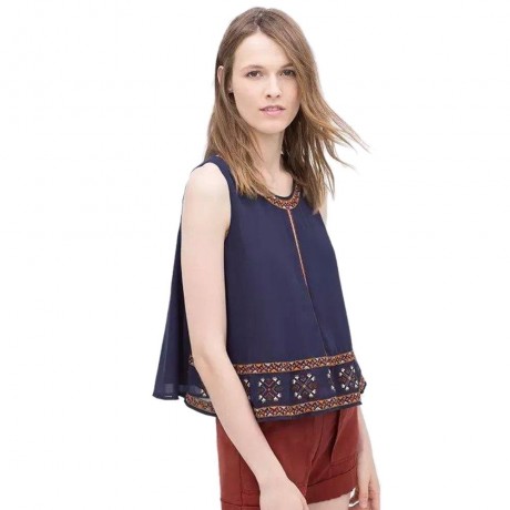 VINTAGE SCOOP COLLAR PRINTED EMBRIODERY CHIFFON WOMEN'S TANK TOP