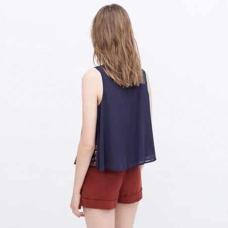 VINTAGE SCOOP COLLAR PRINTED EMBRIODERY CHIFFON WOMEN'S TANK TOP