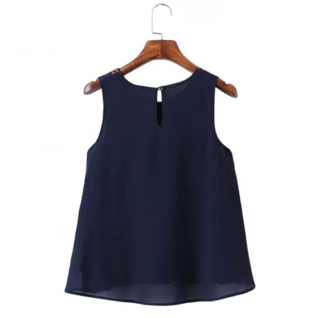 VINTAGE SCOOP COLLAR PRINTED EMBRIODERY CHIFFON WOMEN'S TANK TOP