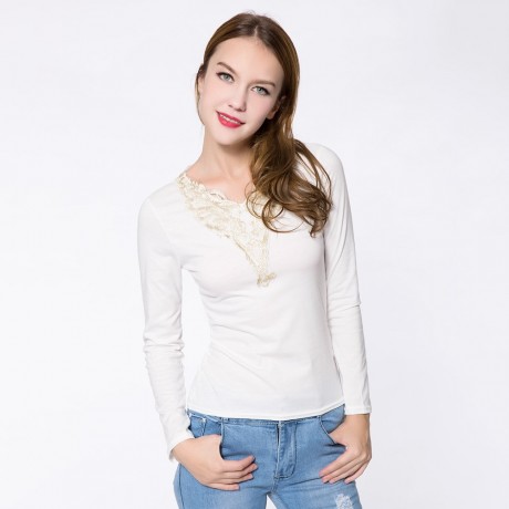 FASHIONABLE V-NECK LACEWORK SPLICING LONG SLEEVE WOMEN'S T-SHIRT