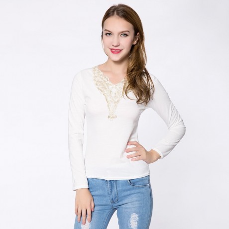 FASHIONABLE V-NECK LACEWORK SPLICING LONG SLEEVE WOMEN'S T-SHIRT