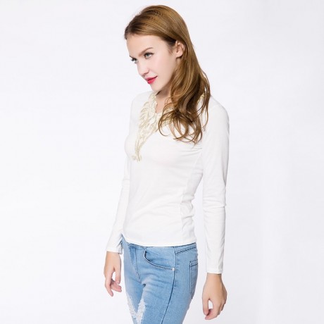 FASHIONABLE V-NECK LACEWORK SPLICING LONG SLEEVE WOMEN'S T-SHIRT