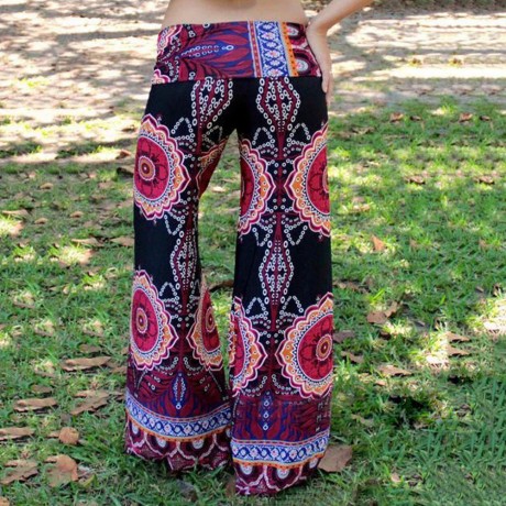 ETHNIC STYLE ELASTIC WAIST FLORAL PRINT EXUMAS PANTS FOR WOMEN