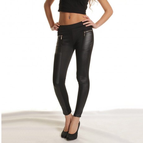 VINTAGE ELASTIC WAIST FAUX LEATHER SPLICING ZIPPERED PENCIL PANTS FOR WOMEN