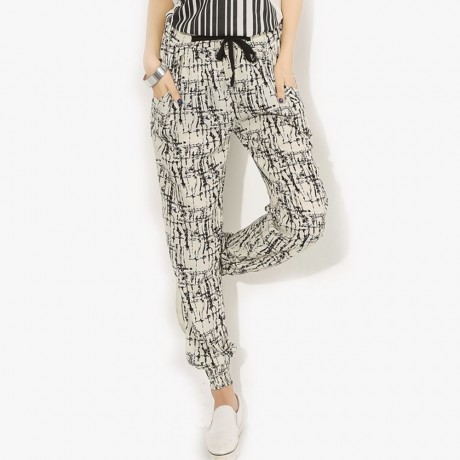 STYLISH WAIST DRAWSTRING PRINTED POCKET DESIGN WOMEN'S PANTS