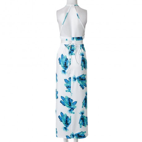 STYLISH JEWEL NECK PRINTED BACKLESS TOP AND HIGH SLIT SKIRT SUIT FOR WOMEN