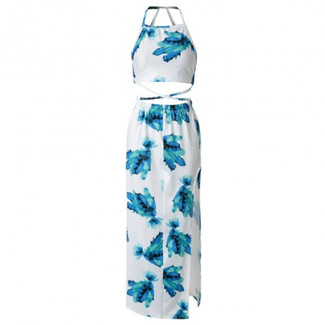 STYLISH JEWEL NECK PRINTED BACKLESS TOP AND HIGH SLIT SKIRT SUIT FOR WOMEN