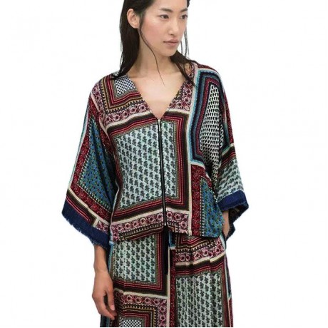 RETRO STYLE ZIPPERED BATWING SLEEVE TRIBAL PRINT WOMEN'S KIMONO BLOUSE