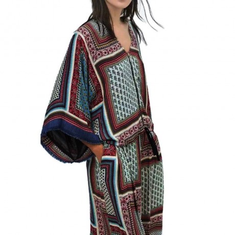 RETRO STYLE ZIPPERED BATWING SLEEVE TRIBAL PRINT WOMEN'S KIMONO BLOUSE