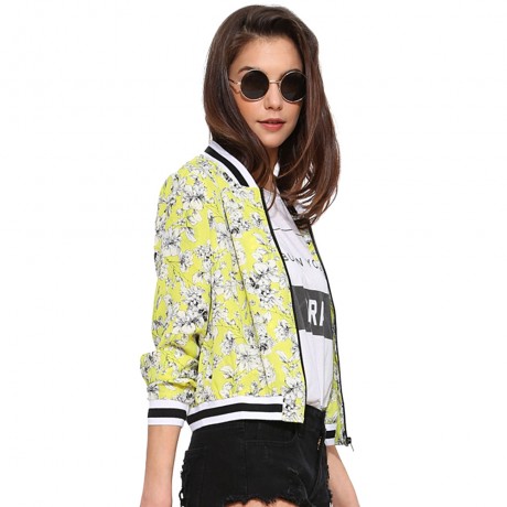 STYLISH STAND COLLAR LONG SLEEVE FLORAL PRINT ZIPPERED WOMEN'S COAT