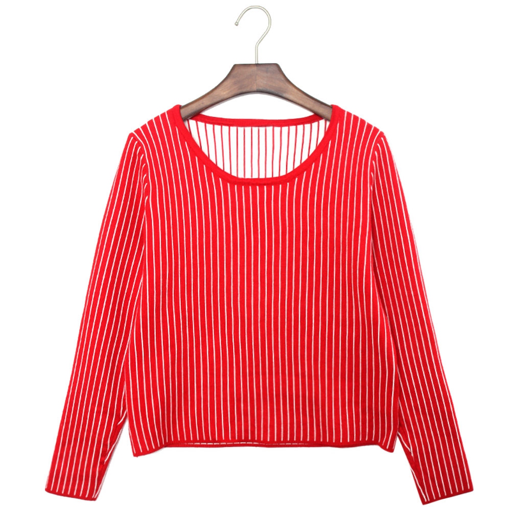 STYLISH SCOOP COLLAR LONG SLEEVE STRIPED KNITTED WOMEN'S SWEATER