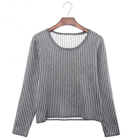 STYLISH SCOOP COLLAR LONG SLEEVE STRIPED KNITTED WOMEN'S SWEATER