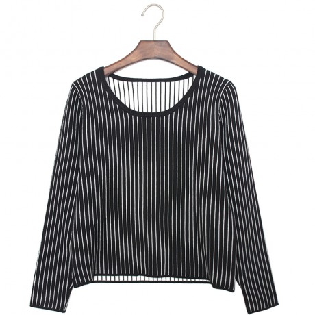STYLISH SCOOP COLLAR LONG SLEEVE STRIPED KNITTED WOMEN'S SWEATER