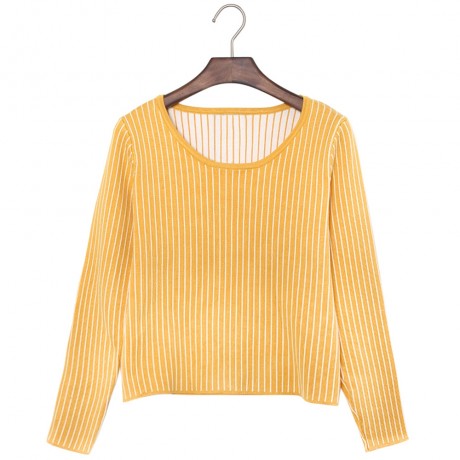 STYLISH SCOOP COLLAR LONG SLEEVE STRIPED KNITTED WOMEN'S SWEATER