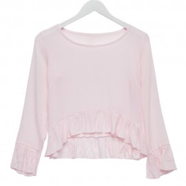 STYLISH SCOOP COLLAR FLARE SLEEVE PURE COLOR FLOUNCED WOMEN'S BLOUSE