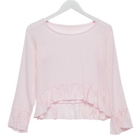STYLISH SCOOP COLLAR FLARE SLEEVE PURE COLOR FLOUNCED WOMEN'S BLOUSE