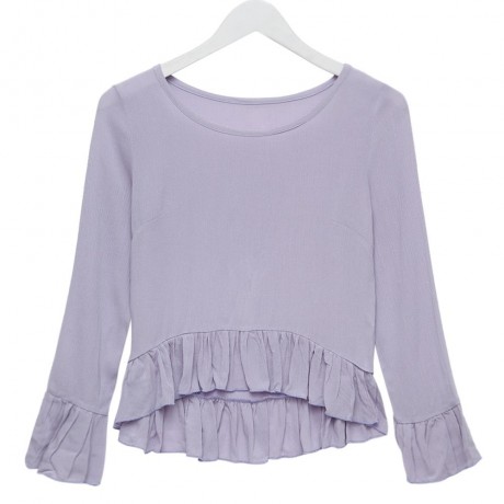 STYLISH SCOOP COLLAR FLARE SLEEVE PURE COLOR FLOUNCED WOMEN'S BLOUSE