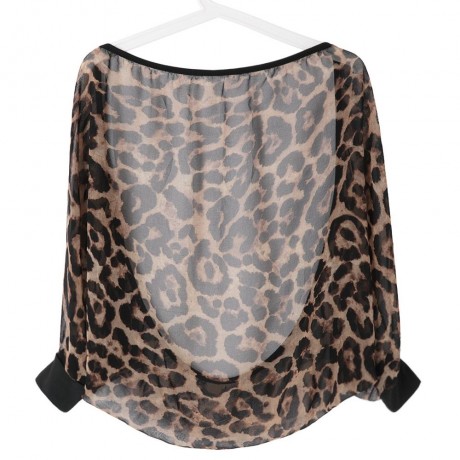 SEXY COLLARLESS BATWING SLEEVE LEOPARD SEE-THROUGH WOMEN'S BLOUSE