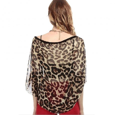 SEXY COLLARLESS BATWING SLEEVE LEOPARD SEE-THROUGH WOMEN'S BLOUSE