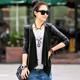 STYLISH COLLARLESS LONG SLEEVE FAUX LEATHER SPLICED ASYMMETRICAL WOMEN'S JACKET