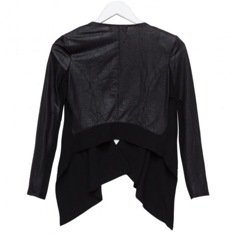 STYLISH COLLARLESS LONG SLEEVE FAUX LEATHER SPLICED ASYMMETRICAL WOMEN'S JACKET