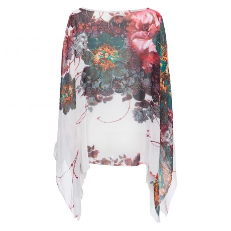 VINTAGE SCOOP COLLAR BATWING SLEEVE FLORAL PRINT ASYMMETRICAL CHIFFON WOMEN'S BLOUSE