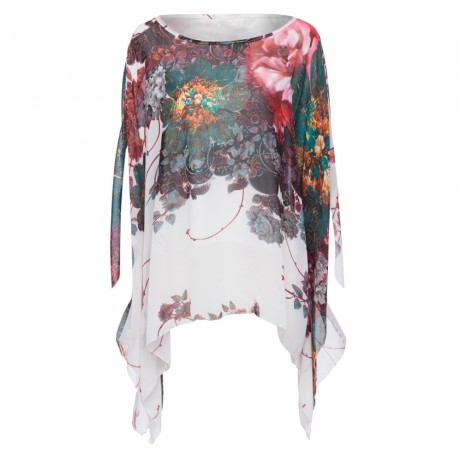 VINTAGE SCOOP COLLAR BATWING SLEEVE FLORAL PRINT ASYMMETRICAL CHIFFON WOMEN'S BLOUSE