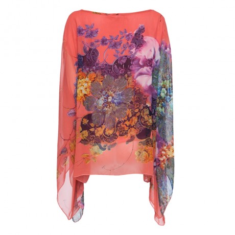 VINTAGE SCOOP COLLAR BATWING SLEEVE FLORAL PRINT ASYMMETRICAL CHIFFON WOMEN'S BLOUSE