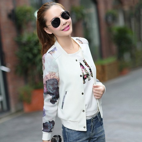 STYLISH ROUND COLLAR LONG SLEEVE FLORAL PRINT BUTTON DESIGN WOMEN'S BASEBALL COAT