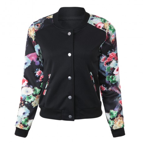 STYLISH ROUND COLLAR LONG SLEEVE FLORAL PRINT BUTTON DESIGN WOMEN'S BASEBALL COAT