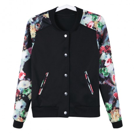 STYLISH ROUND COLLAR LONG SLEEVE FLORAL PRINT BUTTON DESIGN WOMEN'S BASEBALL COAT