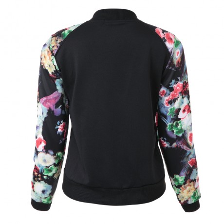 STYLISH ROUND COLLAR LONG SLEEVE FLORAL PRINT BUTTON DESIGN WOMEN'S BASEBALL COAT