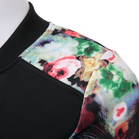 STYLISH ROUND COLLAR LONG SLEEVE FLORAL PRINT BUTTON DESIGN WOMEN'S BASEBALL COAT
