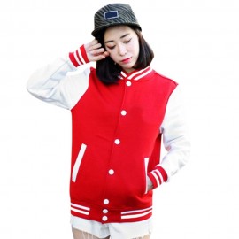 CASUAL STAND COLLAR LONG SLEEVE COLOR BLOCK BUTTON DESIGN WOMEN'S BASEBALL COAT