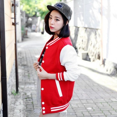CASUAL STAND COLLAR LONG SLEEVE COLOR BLOCK BUTTON DESIGN WOMEN'S BASEBALL COAT