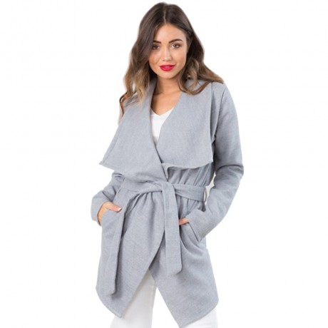 STYLISH TURN DOWN COLLAR LONG SLEEVE PURE COLOR LACE-UP ASYMMETRICAL WOMEN'S COAT