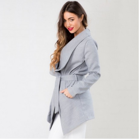 STYLISH TURN DOWN COLLAR LONG SLEEVE PURE COLOR LACE-UP ASYMMETRICAL WOMEN'S COAT