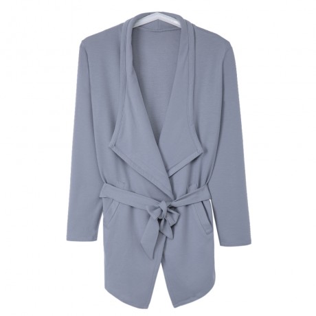 STYLISH TURN DOWN COLLAR LONG SLEEVE PURE COLOR LACE-UP ASYMMETRICAL WOMEN'S COAT