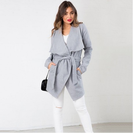 STYLISH TURN DOWN COLLAR LONG SLEEVE PURE COLOR LACE-UP ASYMMETRICAL WOMEN'S COAT