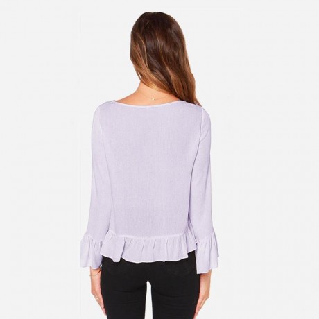 STYLISH SCOOP COLLAR FLARE SLEEVE PURE COLOR FLOUNCED WOMEN'S BLOUSE
