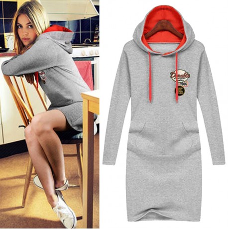 CASUAL HOODED LONG SLEEVE EMBELLISHED STRAIGHT COLOR BLOCK WOMEN'S DRESS