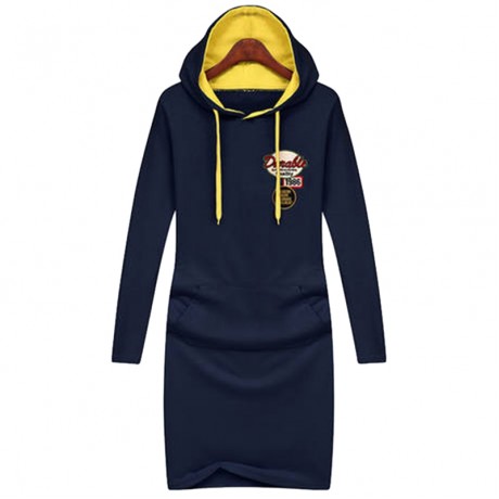 CASUAL HOODED LONG SLEEVE EMBELLISHED STRAIGHT COLOR BLOCK WOMEN'S DRESS